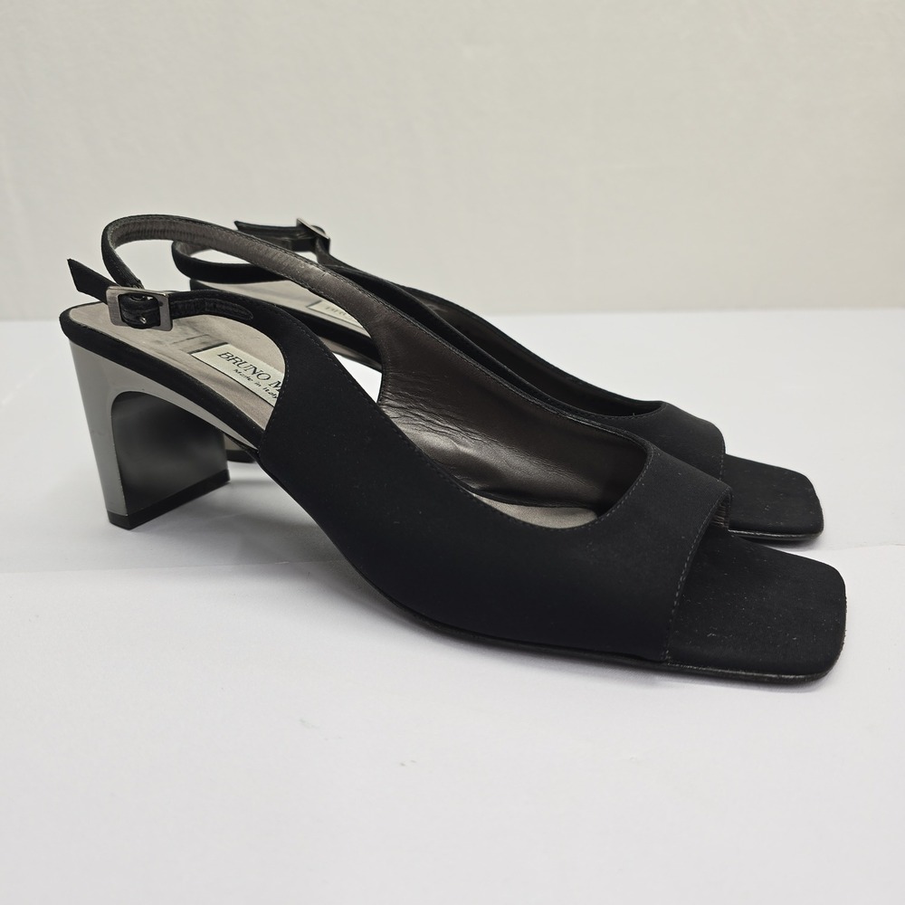 Bruno Magli Black Satin Square Toe Slingback Block Heels Made in Italy Size 8AA‎